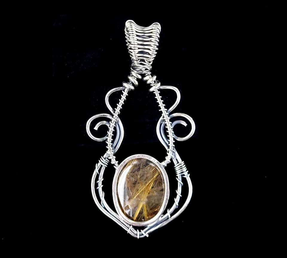 Artigianale Argento Sterling Dorato Rutilato Quarzo Filo Avvolgere Collana 2.75 - Immagine 4 di 4