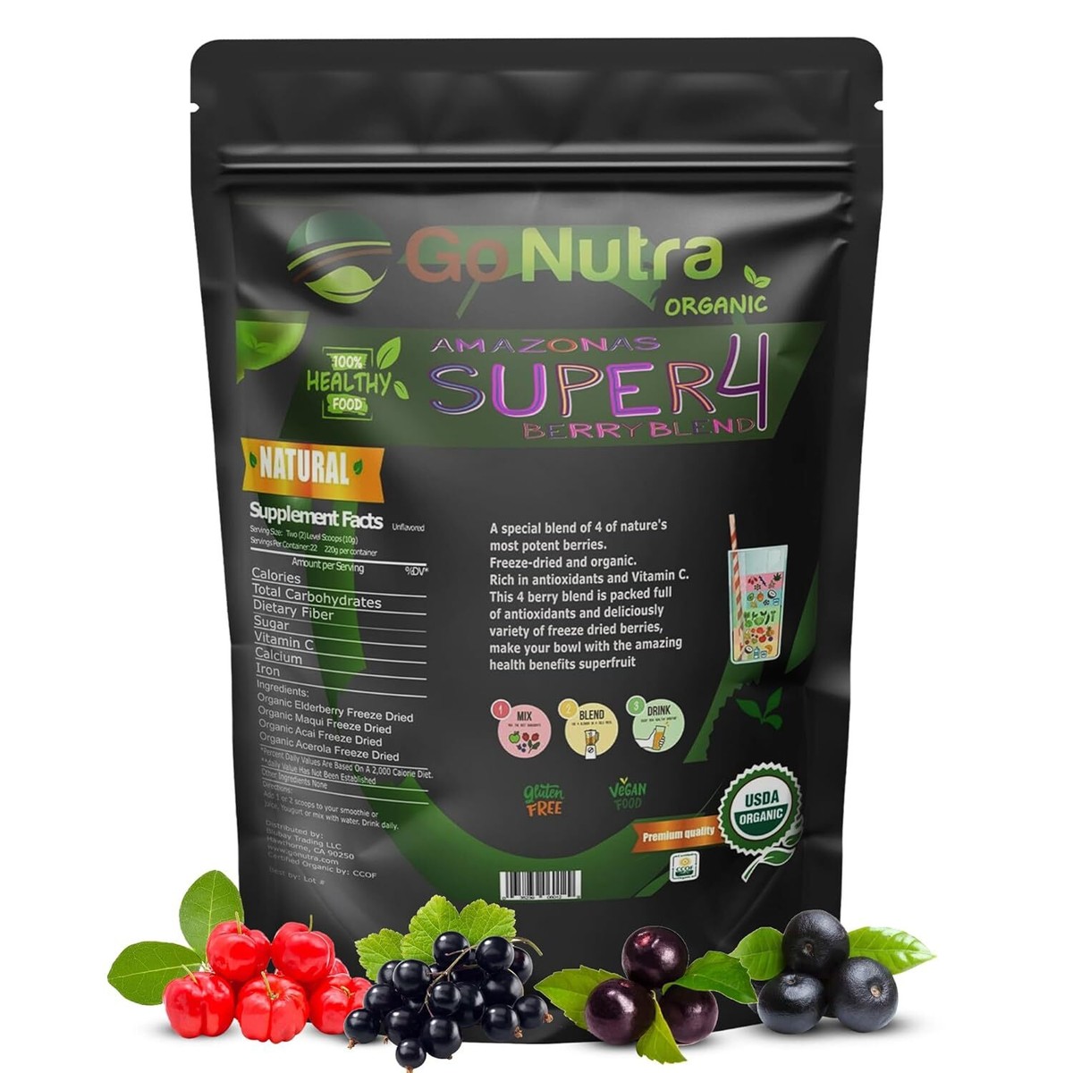 Acai Berry Blend for Bowls Organic Freeze Dried Superfood Berry Smoothie Mix