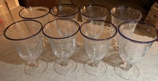 RARE! Stemmed Clear Goblets 16 Oz. Clear, Crackle Glass Purple Rim Set of 8