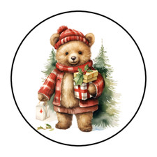 30 CHRISTMAS TEDDY BEAR STICKERS ENVELOPE SEALS LABELS 1.5" ROUND COUNTRY