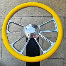 14 Billet 4 Spoke Steering Wheel W Yellow Vinyl Half Wrap Forever Sharp Horn
