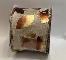 2 1/2  x 12 Ft WIRED Ribbon. Thanksgiving Or Fall. Leaves Rust Brown On Beige