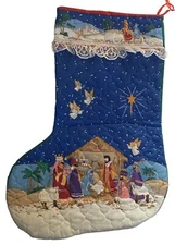 VTG Jumbo Xmas Stocking Quilted Pearl Bead Glitter Angel Lamb Nativity Manger 21