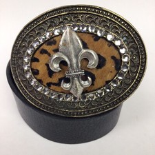 Fleur de Lis buckle  Belt Bronze Animal Print Fur Rhinestone Bling USA Made