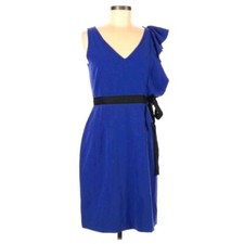 New York & Company Asymmetrical Ruffle Sheath Dress 6 Blue Black Ribbon Belted 