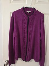 St. John Sport Purple w/ Black trim Zip up cable cardigan XL
