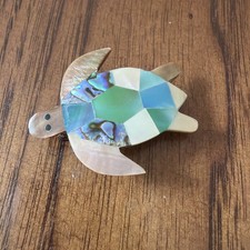 MOTHER OF PEARL, ABALONE INLAY TURTLE SEASHELL BARRETTE 80's VINTAGE