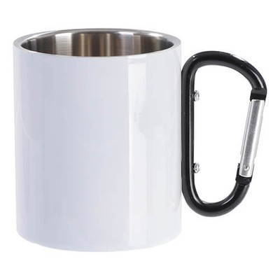 SUBLI-Edelstahlbecher, glänzend Weiß mit schwarzem Karabinerhaken ca. 10oz/300ml