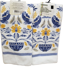 Set of 2 Same Microfiber Kitchen Towels 15"x25" BLUE BIRDS,FEATHERS LEAVES,DM