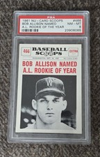 1961 Nu-Card Scoops #466 Bob Allison Named A.L. Rookie of the Year PSA 8 NM-MT. rookie card picture