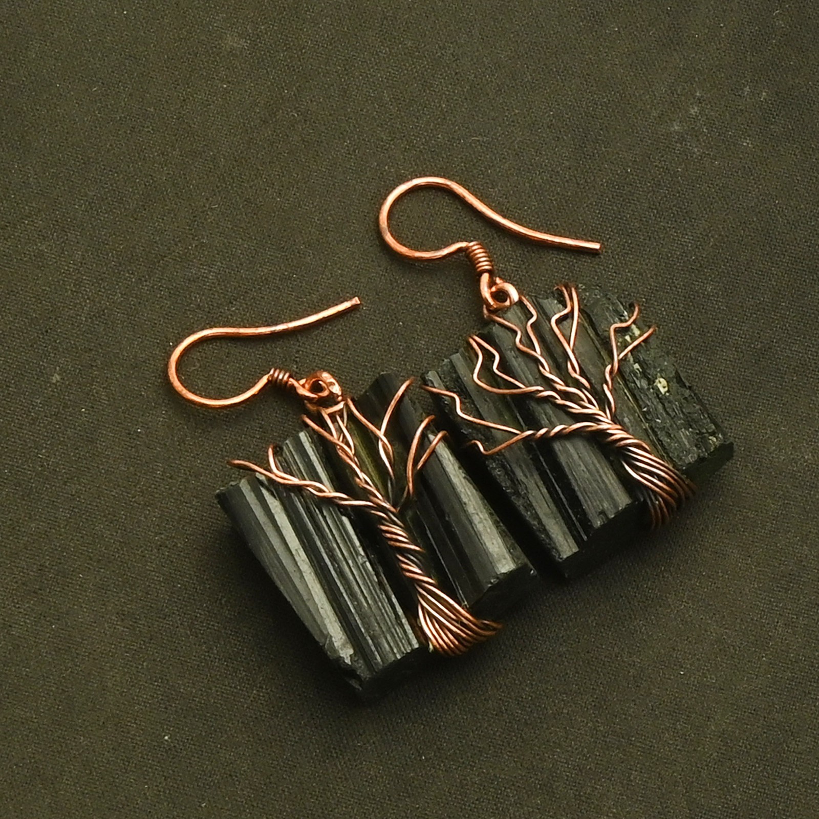 Black Tourmaline Gemstone Drop Dangle Copper Wire Earrings Jewelry 1.4