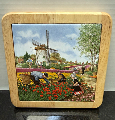 Ter Steege bv Hand Painted Holland Windmill Tulips Tile Wood Plaque 7x7