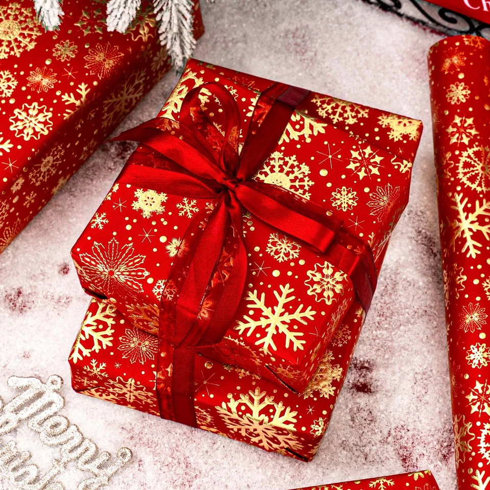 Red Gold Snowflake Wrapping Paper Roll Luxury Metallic Foil 17x33 Ft Christmas - Image 3 of 4