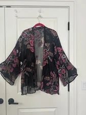 CITRON SANTA MONICA size 1X Open front Floral Silk Jacket Slit Cuff Sleeve