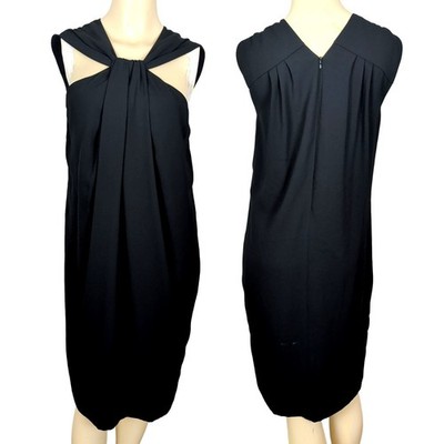 St John Silk Dress Size 8 Black Sleeveless Shift Keyhole Draped Front Halterneck
