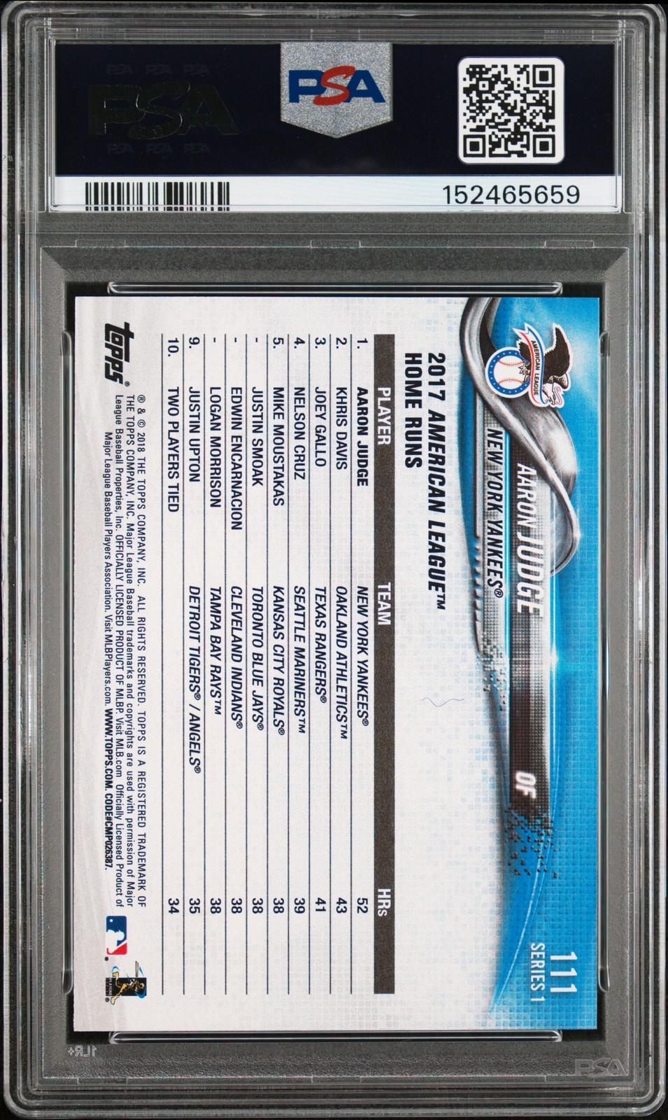 2018 TOPPS #111 AARON JUDGE ROOKIE RC PSA 10 view 2