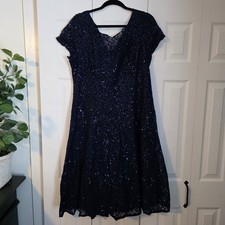 SL Fashions SLNY Navy Sequin Lace Overlay Tea length Gown Size 18 Dress Blue
