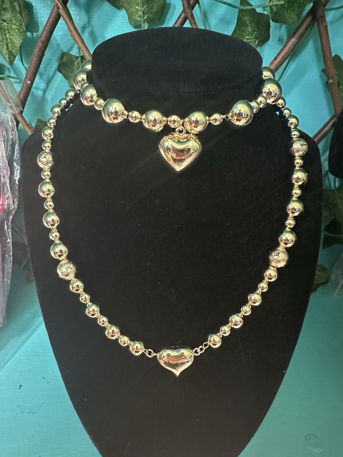 Gold-Tone Beaded Ball Chain Necklace w/ Heart Charm Pendant, bracelet No Stone