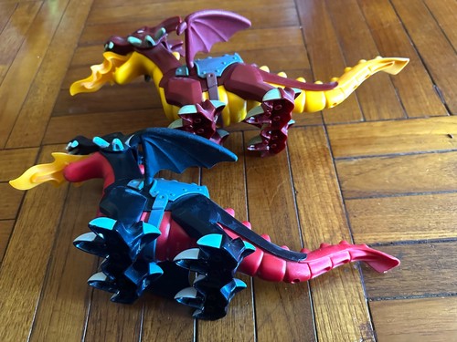 TWO LEGO Duplo Large Dragons with 3 Flame pieces Black Red Burgundy Yellow - Picture 6 of 9