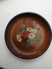 Talerz drewniany malowany, kwiaty, antyczny, średni. 17 cm