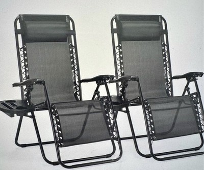 Set of 2 Zero Gravity Folding Patio Lounge Chairs, Black Metal Mesh Frame