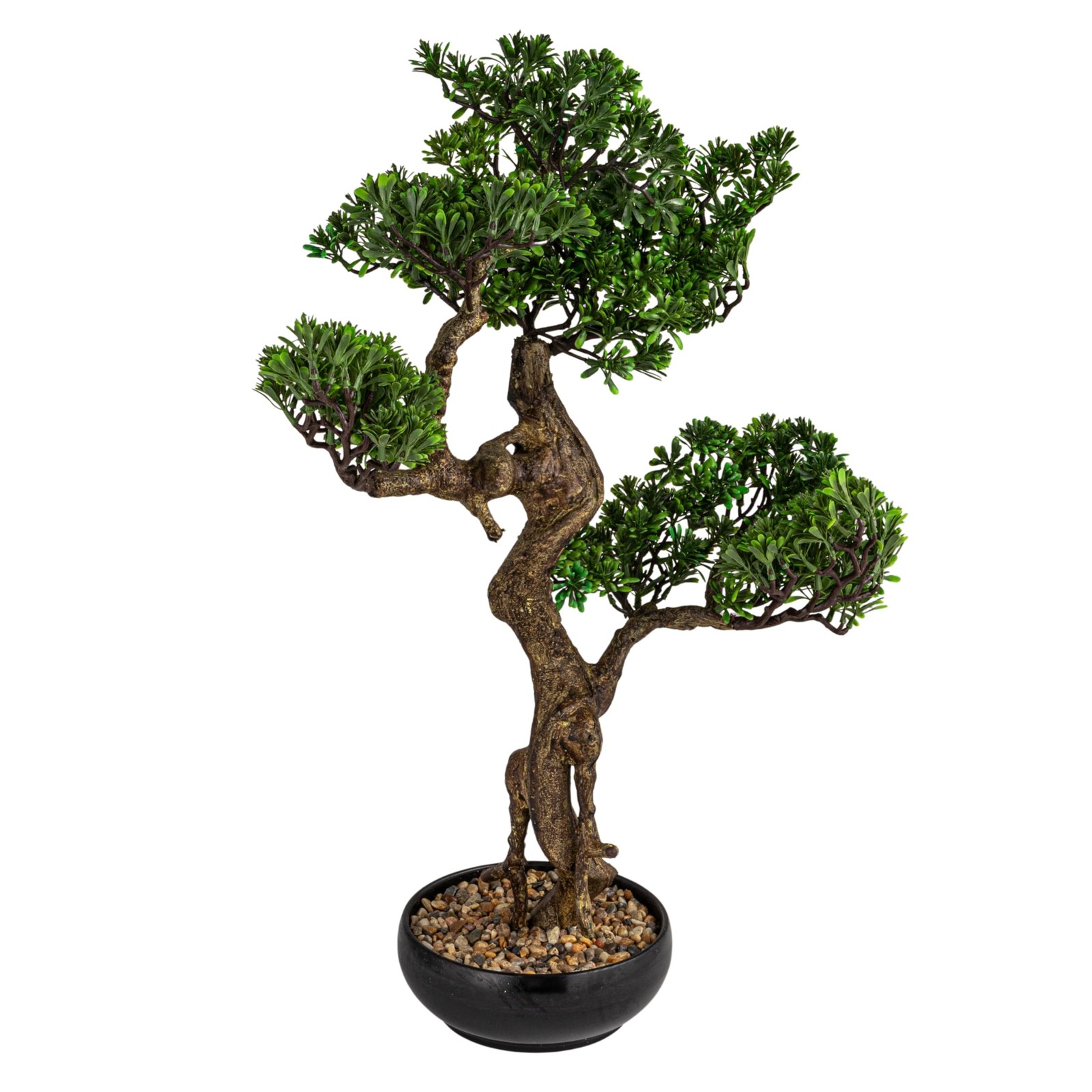 Faux Star Leaved Bonsai Tree in Plastic Pot with Pebbles, Green