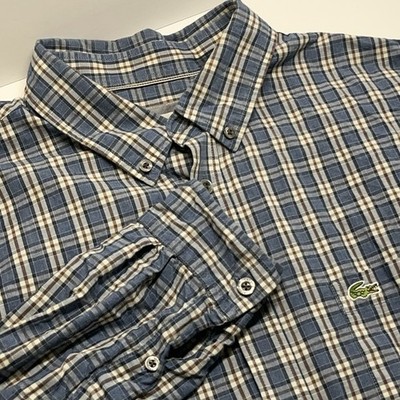 Lacoste Mens Button Up Shirt L Blue Plaid Regular Fit Long Sleeve Logo Preppy