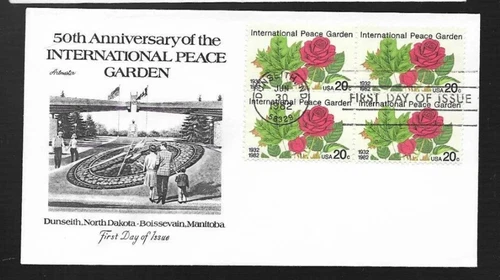 CANADA & USA INTERNATIONAL PEACE GARDEN ROSES 1982 FDC ARTMASTER CACHET BLOCK UN