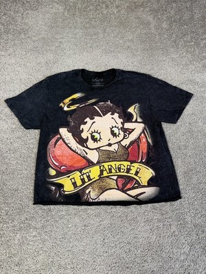 Betty Boop Shirt Womens L Black Lil Angel Fleischer Studios Cropped Graphic Tee
