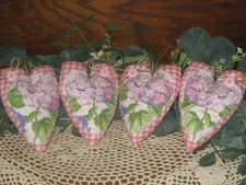 Cottage Decor 4 Pink Check Hearts Appliqued with Hydrangeas Bowl Fillers