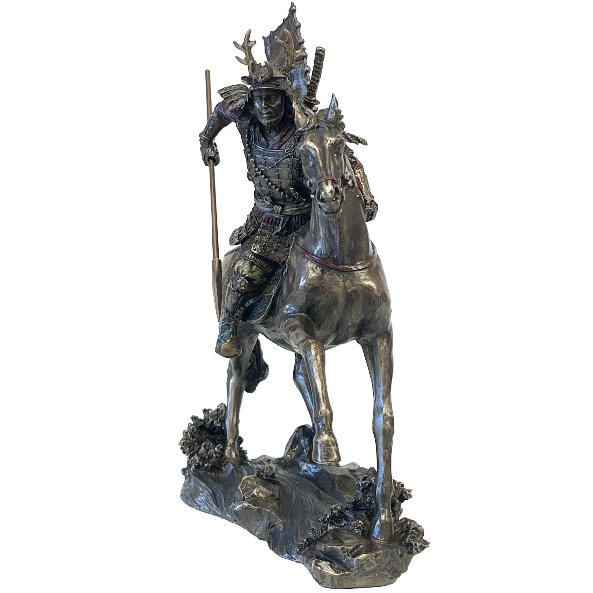 Statue samouraï à cheval aspect bronze pour bureau et bibliothèque