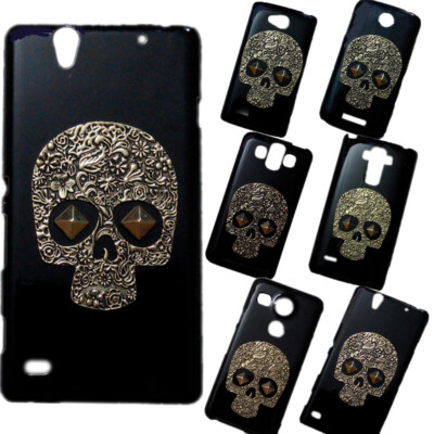 For Various Phones 3D Bronze Skull Punk Rivet Stud Black Back Hard Skin Cover