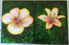 Beautiful Handmade Signed Set 2 Floral Paintings on Stretched Canvas 9”x12” each