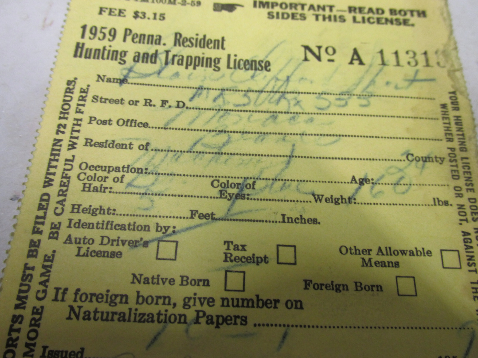 [TBJB] 1959 Pa resident deer hunting license, archery license and