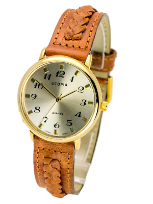 UTOPIA::WOMENS ANTIQUE GENUINE BRWON BRAIDED LEATHER BAND QUARTZ ANALOG WATCH