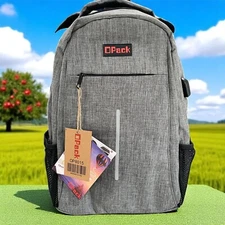 OPack Grey Laptop Backpack USB Port RFID Anti Theft Travel School Bag