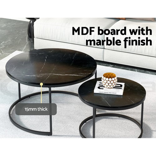 Artiss Nesting Coffee Tables Set of 2 Marble-effect Top 80/60CM Black Metal Base - Picture 6 of 8
