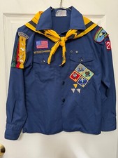 Boy Scouts of America Uniform Blue Shirt Size 12 Ribbons Pins Patches Neck Scarf