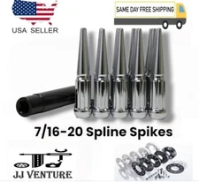24Pc Chrome 4.5" Tall 7/16-20 Spline Spike Lug Nut + Key Fit Vintage Chevy & GMC