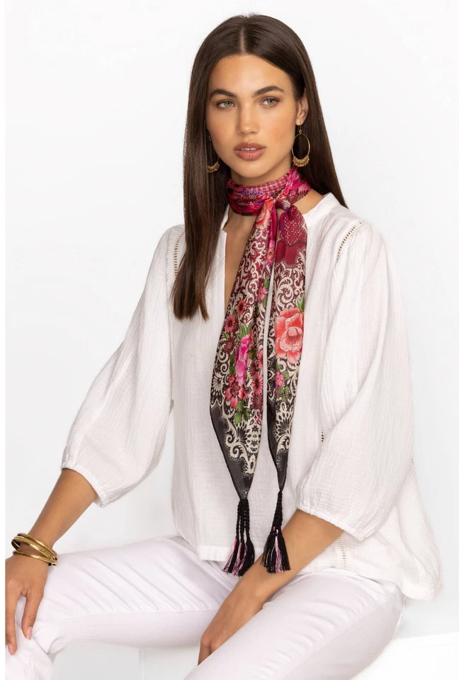 Шарф шелковый квадратный Johnny Was Pink Lace большой смелый цветочный черный цветок кисточки новый с ценниками - Изображение 2 из 3