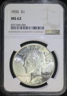 1935 P Peace Silver Dollar NGC MS62 Brilliant Uncirculated Better Date Coin