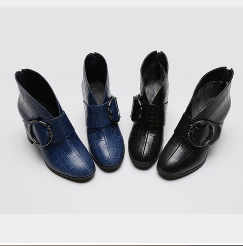 Women's Leather Pointed Toe Retro Western High Block Heel Ankle Boots Buckle Zip - Imagen 10 de 15