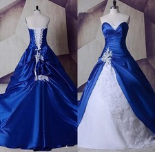 Vintage White Royal Blue Wedding Dress Lace Appliques Bride Gown Graden Country