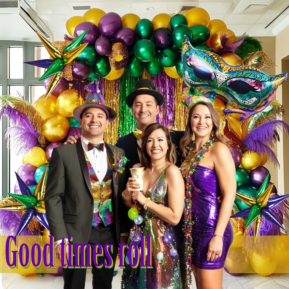 Kit Arco Guirnalda Globo Oro Verde Púrpura Mardi Gras 101 Piezas con Gran Myla... Foto 2 de 4