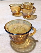 Set Of 4 Vintage Indiana Glass Marigold Iridescent Peach Grape Vine Tea/Coffee/P