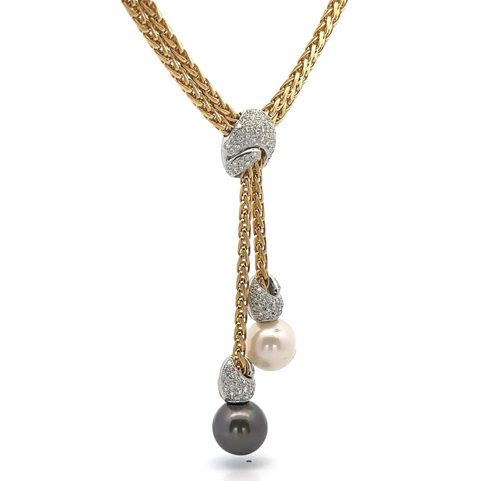 Craig Drake 18k Gold Pearl & Diamond Dual Wheat Link Lariat DropNecklace - Image 4 of 4