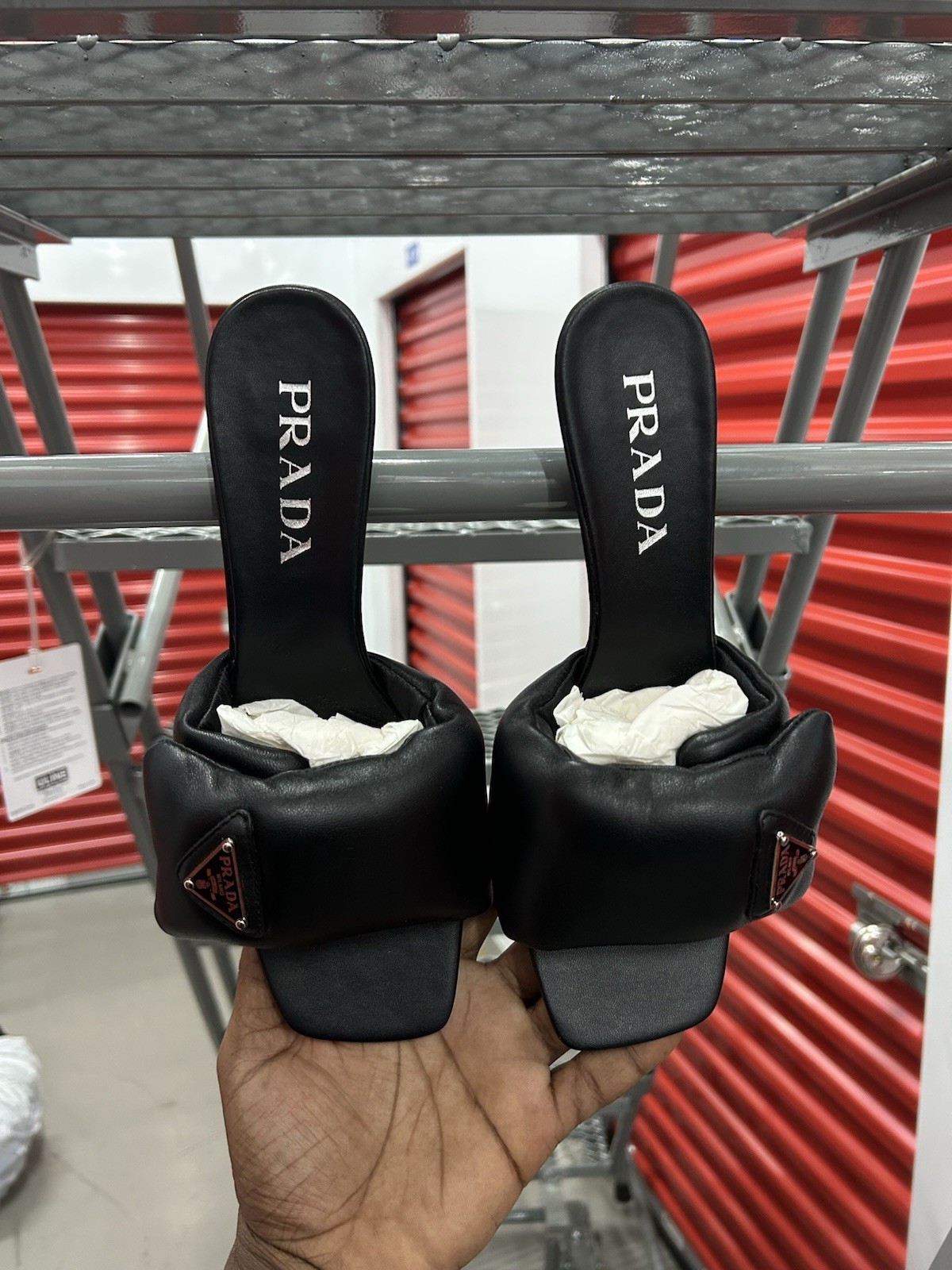 PRADA Black Leather Square Toe Mule Heels Slip-On Logo Accent Women’s 41