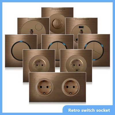 Retro 220V Wand Lichtschalter EU FR Steckdose Reset Taster LED Anzeige