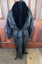 Rare H.B. Leather High Fashion Trench Long Coat Faux Fur Trim Zip Out Lining LG