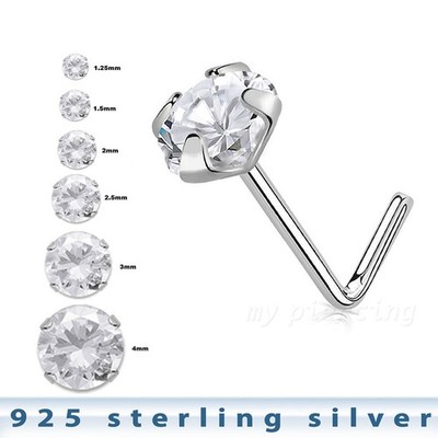22G .925 Sterling Silver L-Shaped Round Clear CZ Prong Set Nose Ring Stud